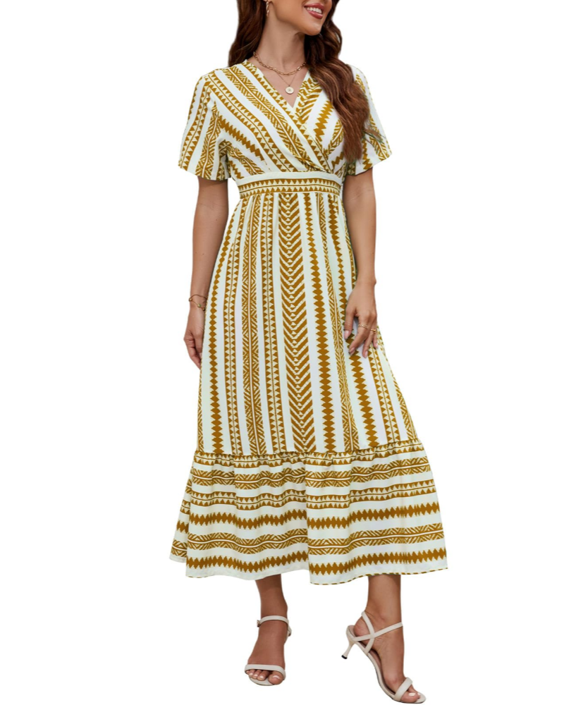 Vestido Elsie para Mulher Verão – Decote em V às Riscas Corte A-Line com Bolsos