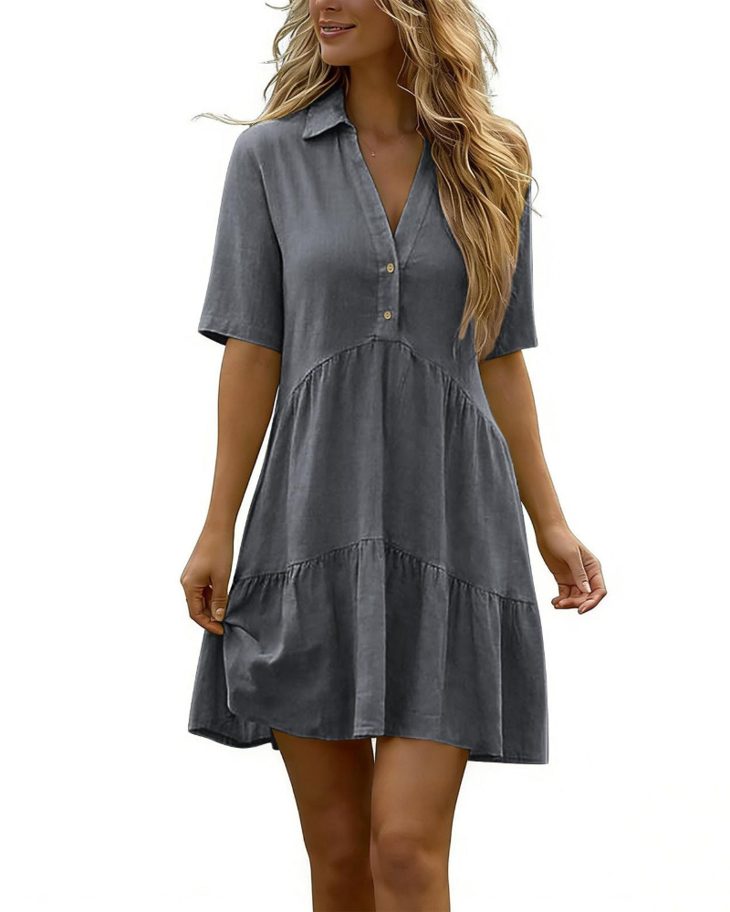Vestido Harlow para mujer en lino – vestido corto con cuello en V y botones, mangas cortas de verano