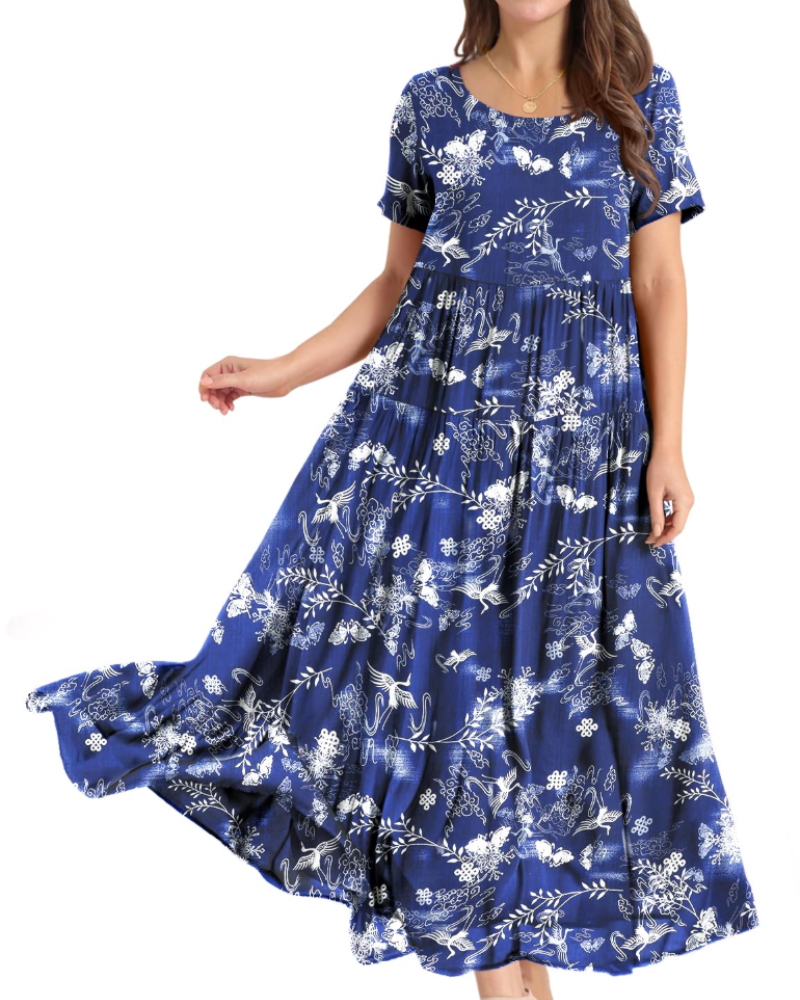 Rina Maxi Dress for Women – Bohemian Floral Cotton Dress with Round Neck & Pockets Summer
