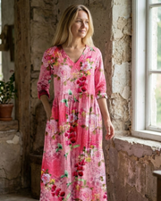 Ignacia Maxi Φόρεμα Γυναικείο – Φλοράλ Φόρεμα με V Λαιμόκοψη, 3/4 Μανίκια & Ρομαντική Κομψότητα