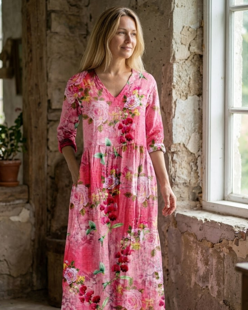 Ignacia Maxi haljina za žene – Cvjetna haljina s V-izrezom, 3/4 rukavi i romantična elegancija