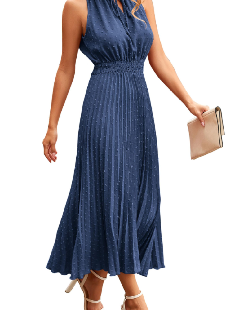 Vina Damenkleid – Midikleid V-Ausschnitt mit Swiss Dot, Volants, Ärmellos und Hoher Taille, Sommer