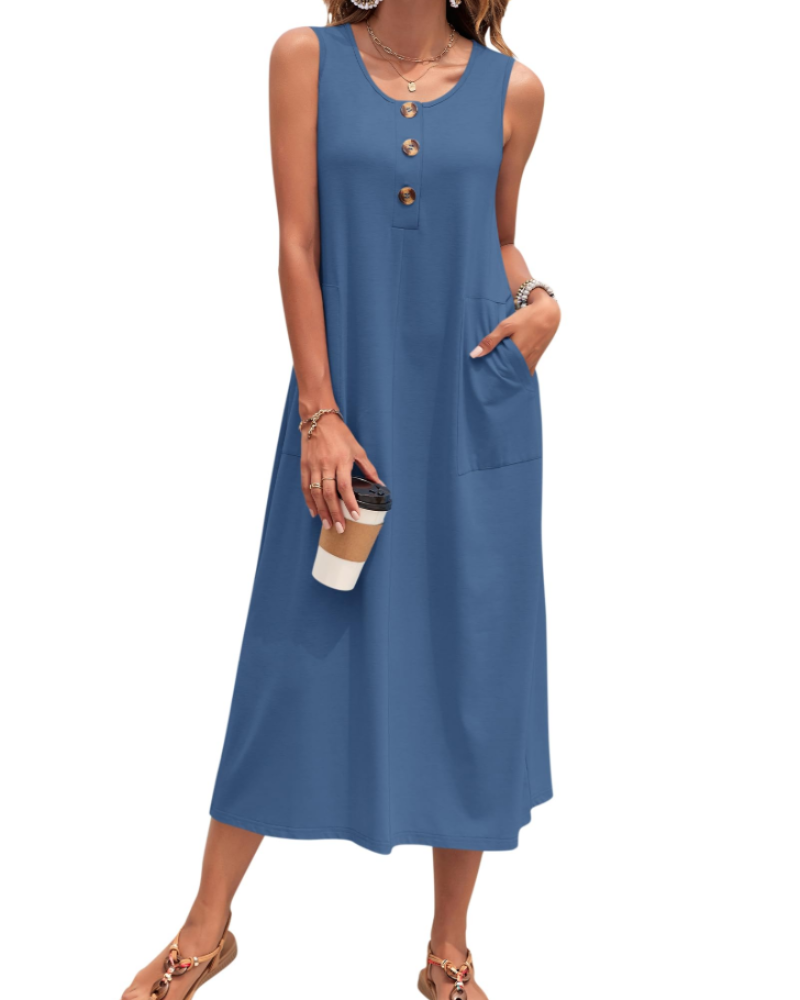Vestido Julia Mulher – Vestido Maxi A-Line Sem Mangas Com Botões E Bolsos Verão Casual