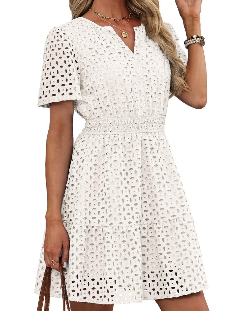 Bata Hedwig para Mujer – Escote en V con Encaje Bordado, Mangas Cortas y Corte Mini de Cintura Alta para Verano
