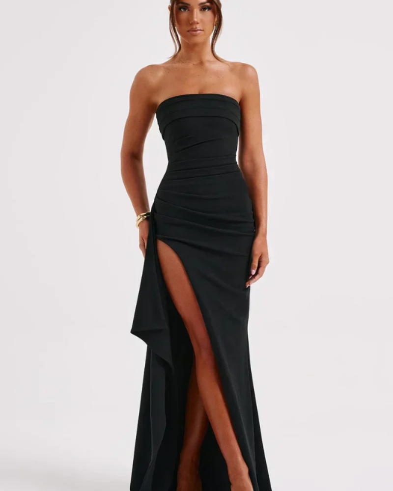 Milca Abendkleid Damen – Langes, gerafftes Bustierkleid mit hohem Schlitz & schicker Eleganz