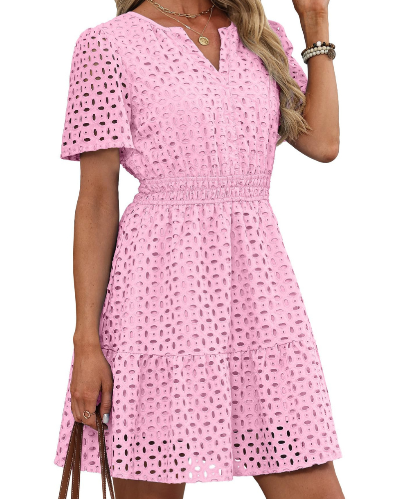 Bata Hedwig para Mujer – Escote en V con Encaje Bordado, Mangas Cortas y Corte Mini de Cintura Alta para Verano