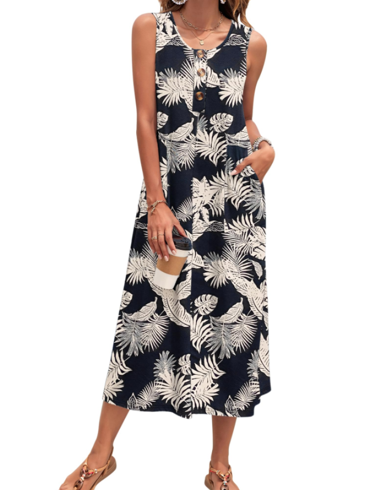 Vestido Julia Mulher – Vestido Maxi A-Line Sem Mangas Com Botões E Bolsos Verão Casual