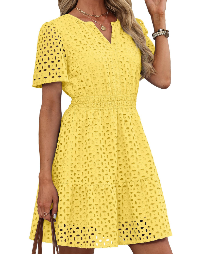 Bata Hedwig para Mujer – Escote en V con Encaje Bordado, Mangas Cortas y Corte Mini de Cintura Alta para Verano