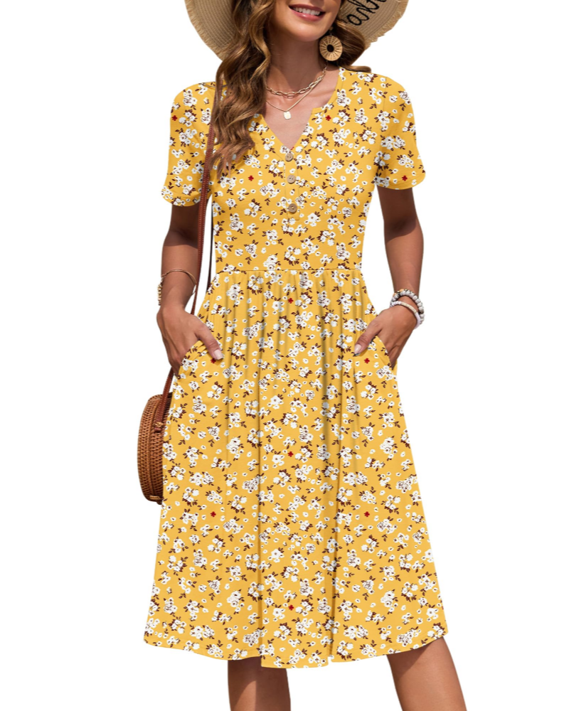 Vestito Donna Ester – Abito Estivo Midi con Scollo a V, Maniche Corte, Bottoni, Vita Impero, Tasche