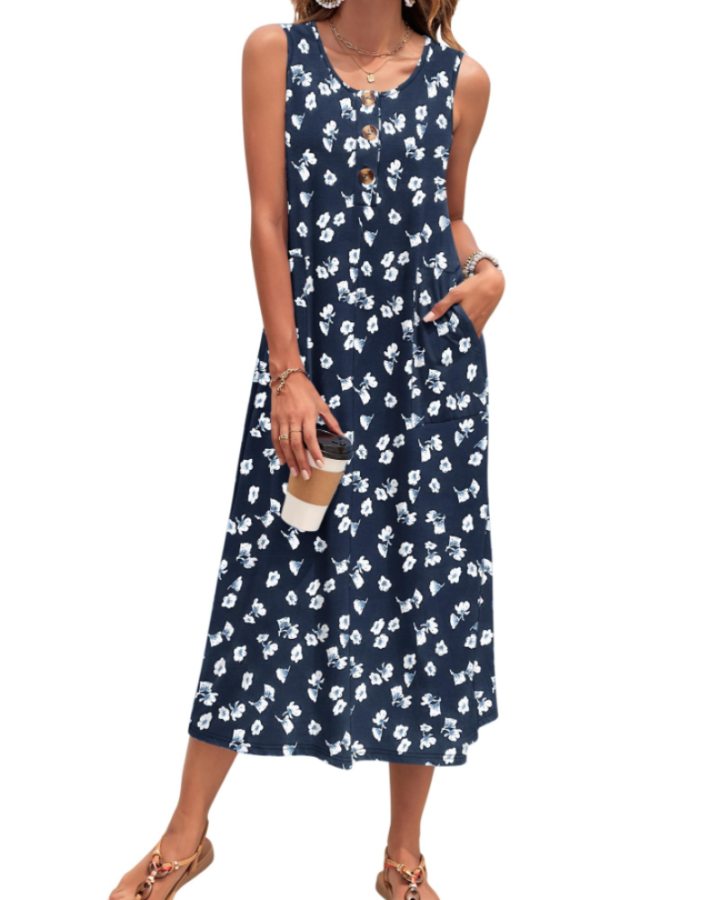 Vestido Julia Mulher – Vestido Maxi A-Line Sem Mangas Com Botões E Bolsos Verão Casual