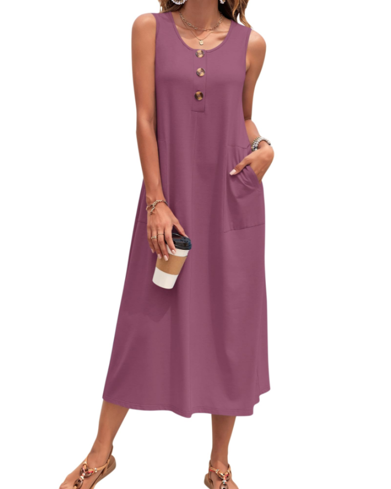 Vestido Julia Mulher – Vestido Maxi A-Line Sem Mangas Com Botões E Bolsos Verão Casual