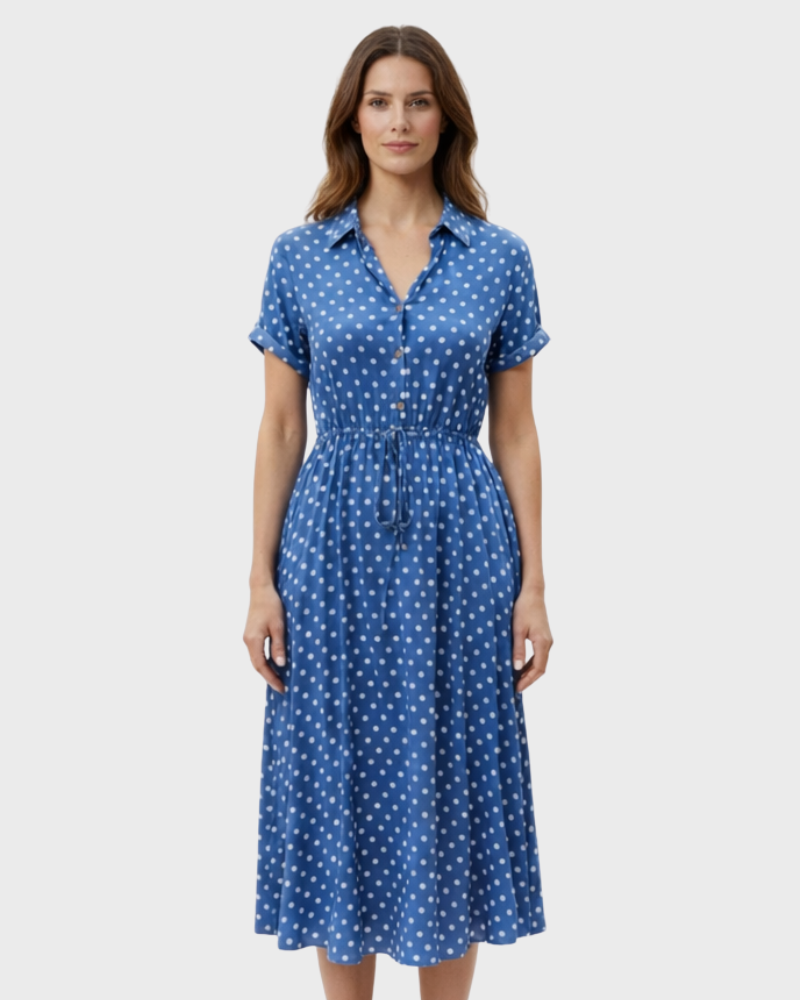Chloé női midi ruha – Pöttyös mintázat, gombok, állítható derék & elegáns stílus