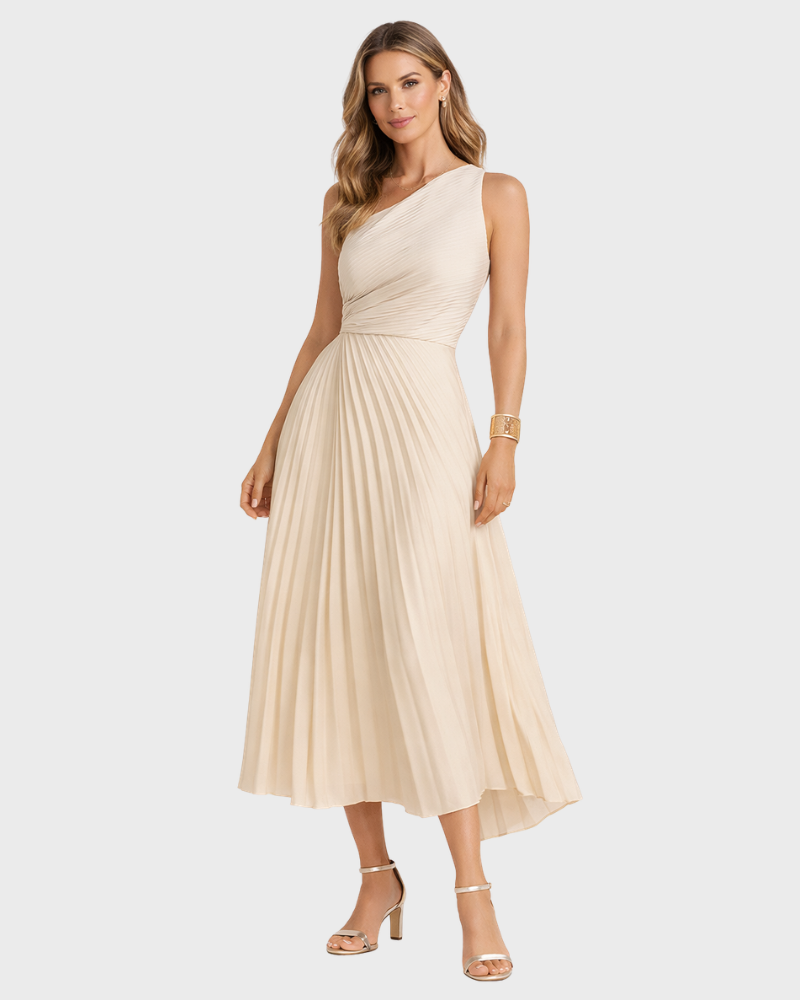 Φόρεμα Naia Γυναικείο Midi Ασύμμετρο – Κομψό Πλισέ & Γραμμή με Σημαδεμένη Μέση