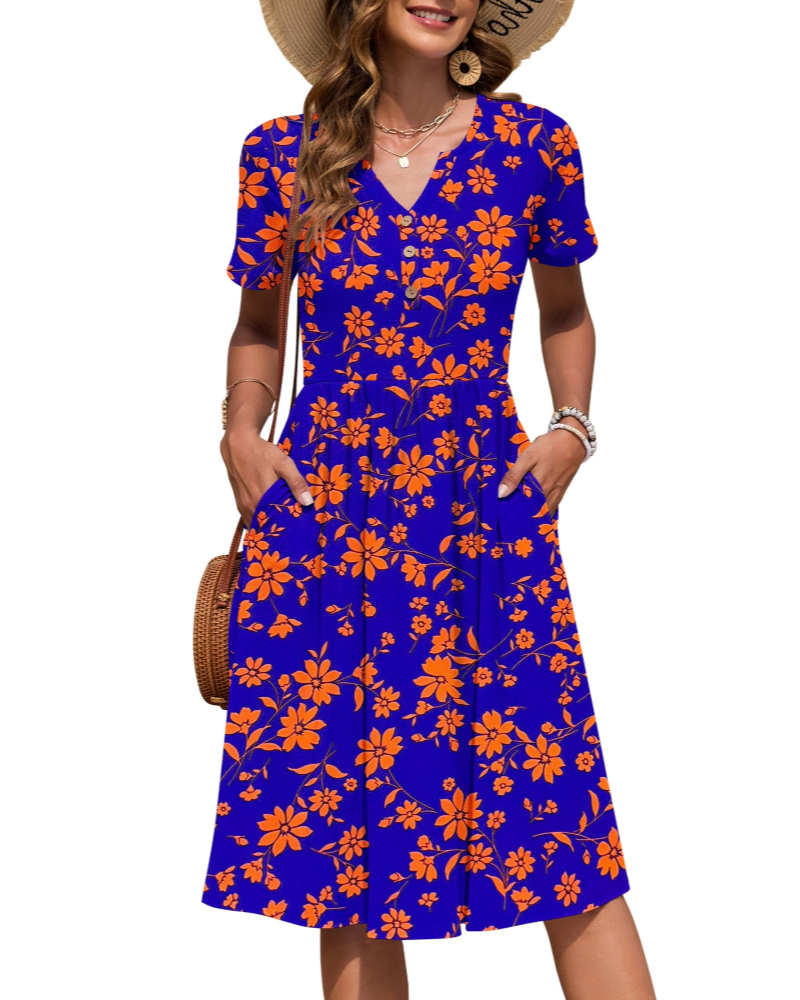 Vestito Donna Ester – Abito Estivo Midi con Scollo a V, Maniche Corte, Bottoni, Vita Impero, Tasche