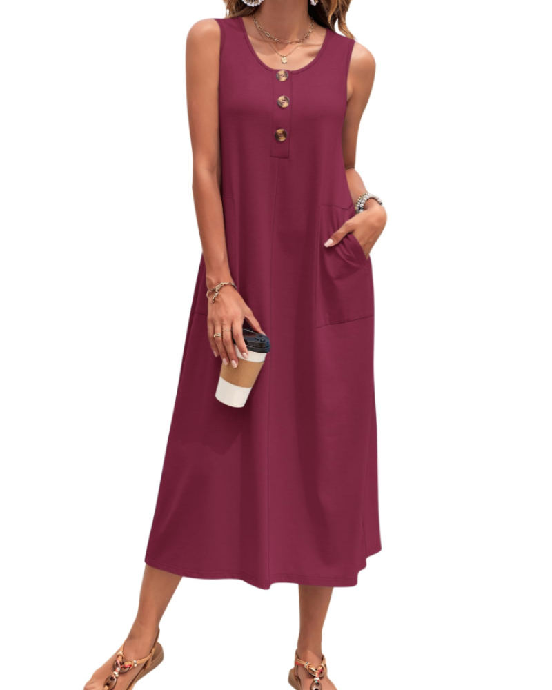Vestido Julia Mulher – Vestido Maxi A-Line Sem Mangas Com Botões E Bolsos Verão Casual