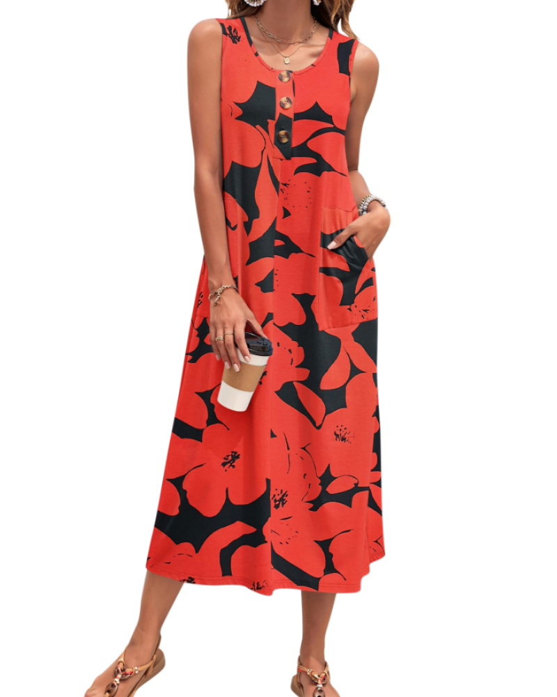 Vestido Julia Mulher – Vestido Maxi A-Line Sem Mangas Com Botões E Bolsos Verão Casual