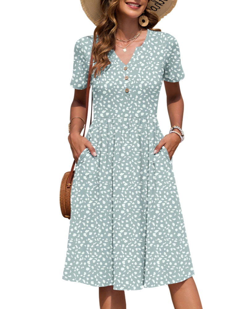 Vestito Donna Ester – Abito Estivo Midi con Scollo a V, Maniche Corte, Bottoni, Vita Impero, Tasche