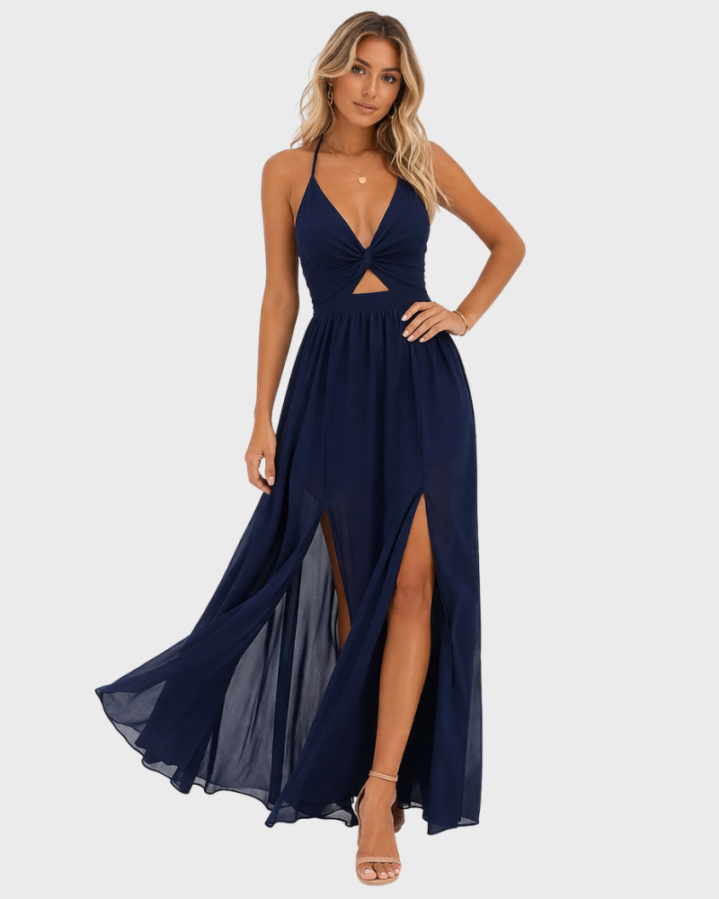 Princess Robe Longue Femme – Col Halter, Fentes Hautes & Coupe Fluide Élégante