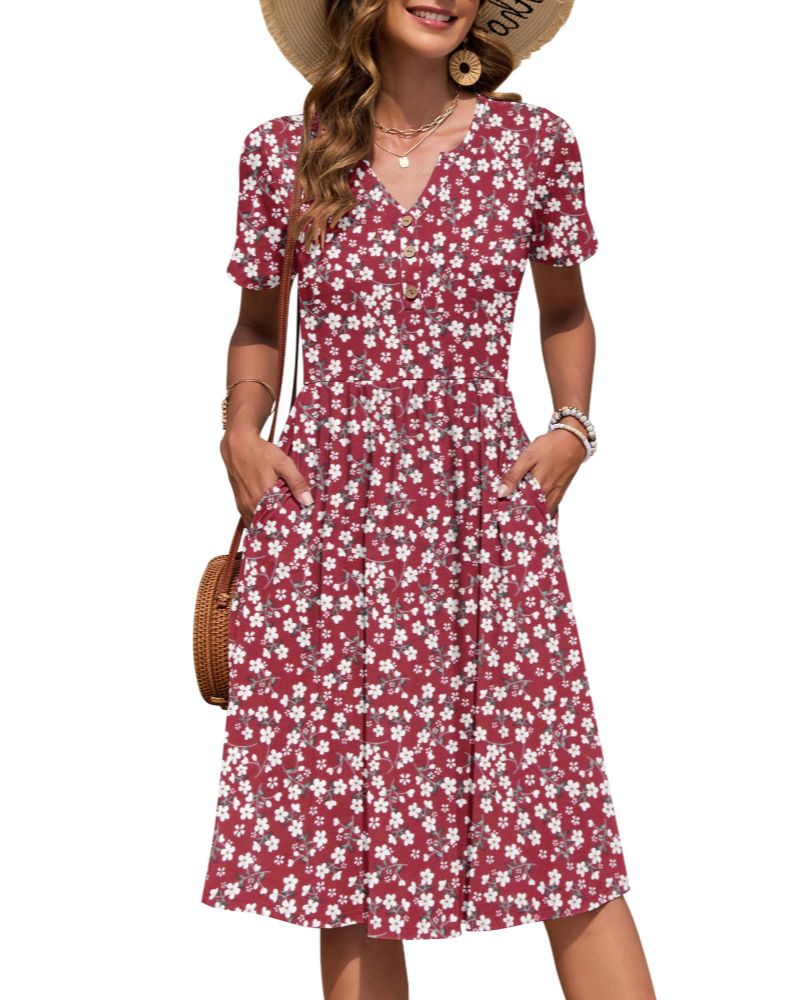 Vestito Donna Ester – Abito Estivo Midi con Scollo a V, Maniche Corte, Bottoni, Vita Impero, Tasche