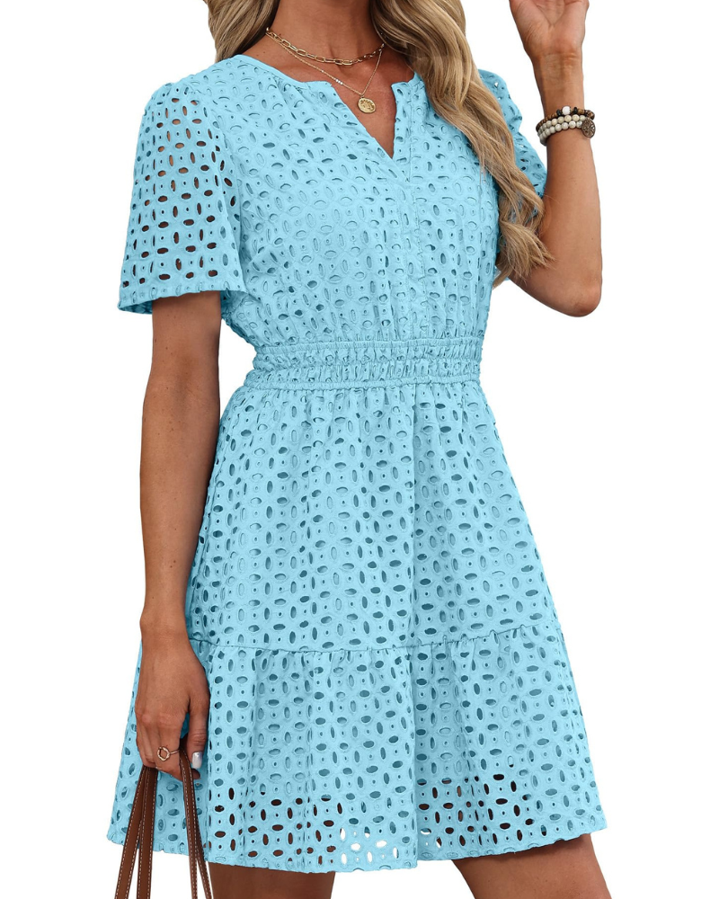Bata Hedwig para Mujer – Escote en V con Encaje Bordado, Mangas Cortas y Corte Mini de Cintura Alta para Verano