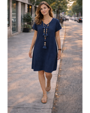 Salome Damenkleid – V-Ausschnitt Baumwolle Leinen, Kurzarm & A-Linien Midi-Schnitt mit Taschen Sommer