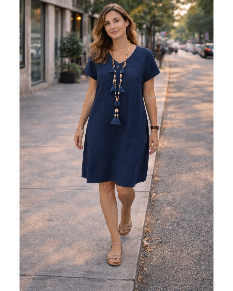 Salome Damenkleid – V-Ausschnitt Baumwolle Leinen, Kurzarm & A-Linien Midi-Schnitt mit Taschen Sommer