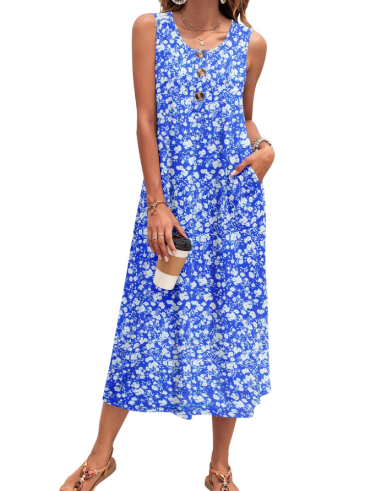 Vestido Julia Mulher – Vestido Maxi A-Line Sem Mangas Com Botões E Bolsos Verão Casual