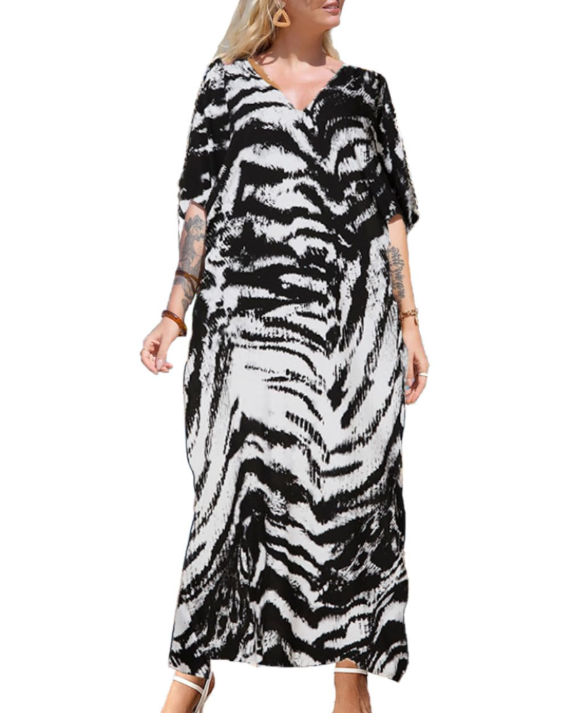 Rochie kaftan Amelie pentru femei – Kaftan lung boem cu decolteu în V, mâneci largi, cover-up pentru plajă, mărime unică