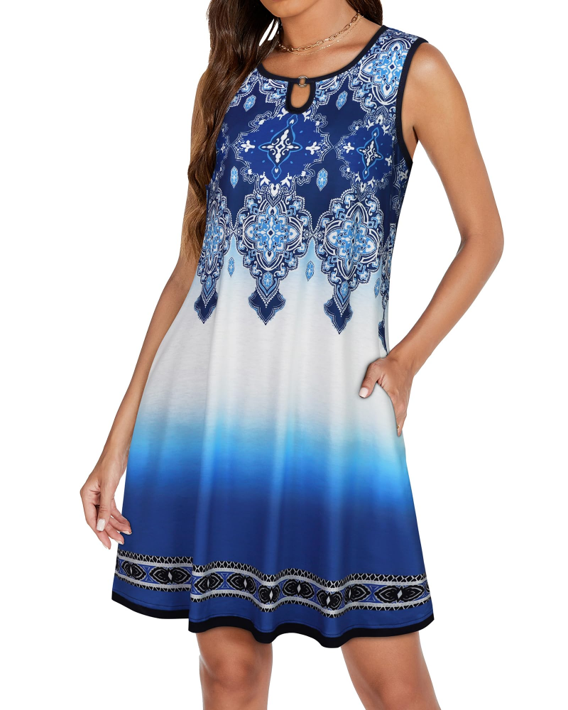 Vestido Mia Mulher – Vestido Mini com Gola em Abertura, Sem Mangas, Fluido com Bolsos, Verão Casual