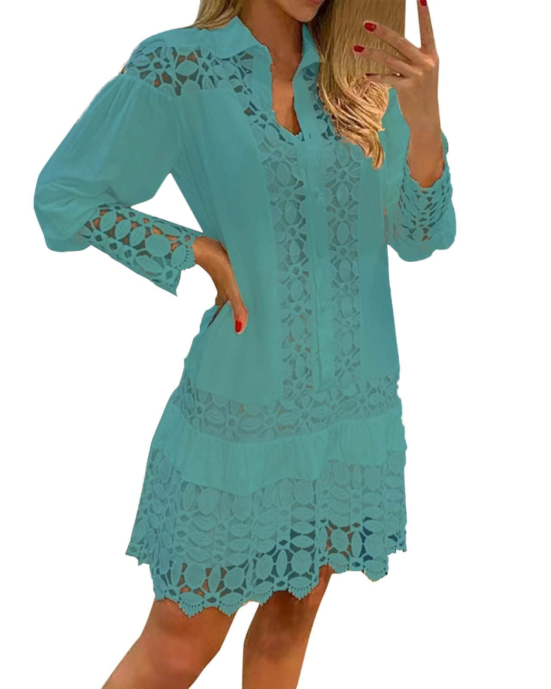 Laura Long Dress for Women – Maxi Dress with V-Neck, Ruffles, Jacquard Lace, Pockets & Integrated Shorts