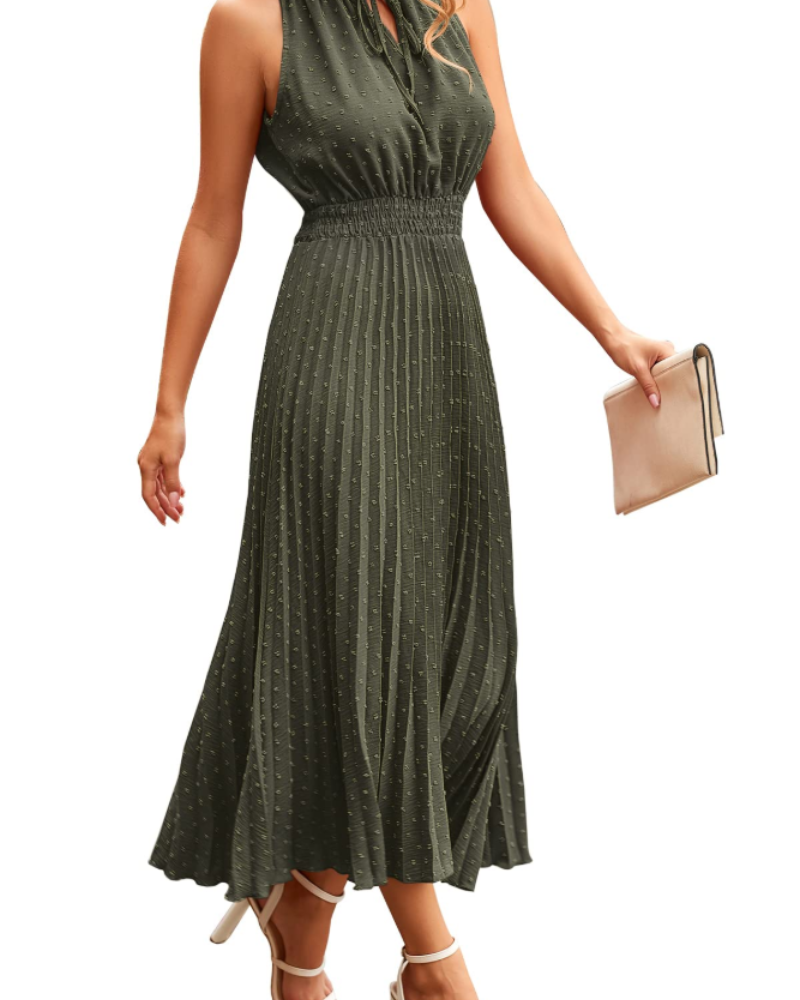 Vina Damenkleid – Midikleid V-Ausschnitt mit Swiss Dot, Volants, Ärmellos und Hoher Taille, Sommer