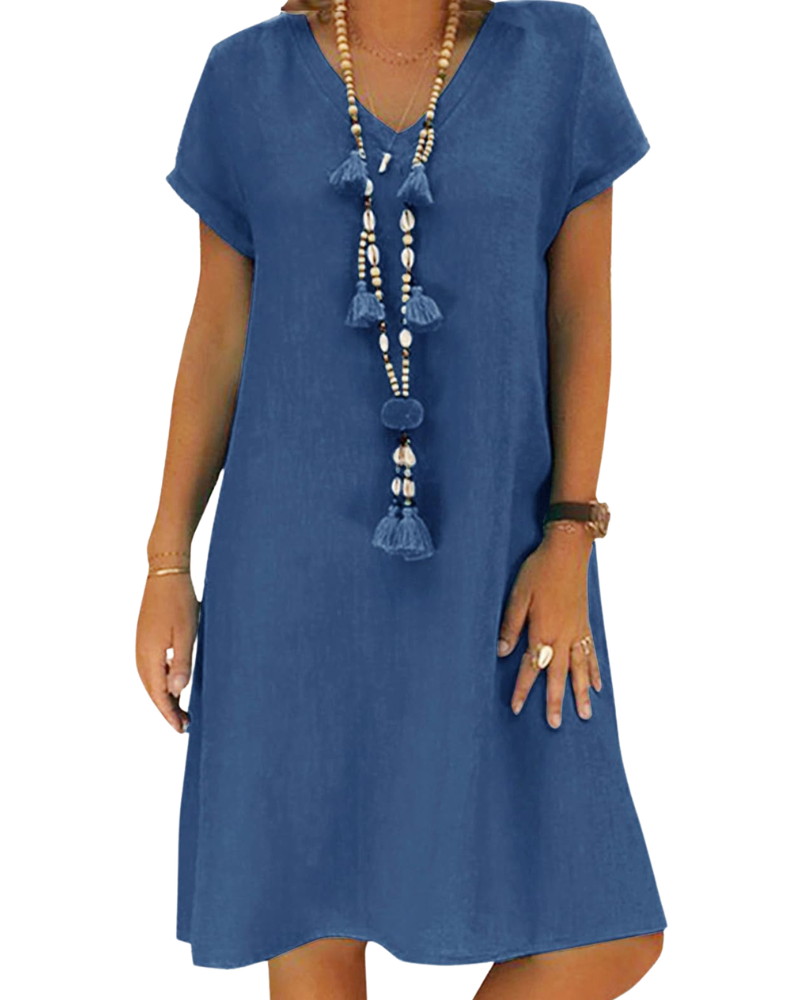 Salome Damenkleid – V-Ausschnitt Baumwolle Leinen, Kurzarm & A-Linien Midi-Schnitt mit Taschen Sommer