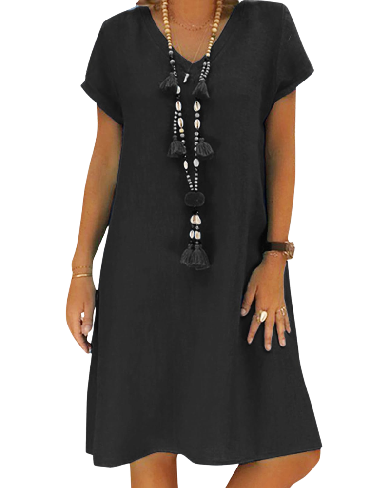 Salome Damenkleid – V-Ausschnitt Baumwolle Leinen, Kurzarm & A-Linien Midi-Schnitt mit Taschen Sommer