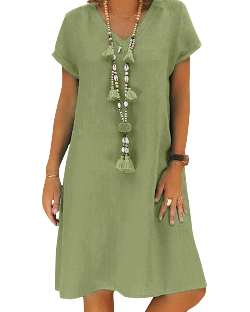 Salome Damenkleid – V-Ausschnitt Baumwolle Leinen, Kurzarm & A-Linien Midi-Schnitt mit Taschen Sommer