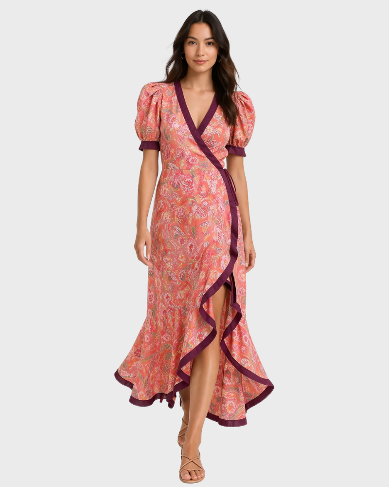 Mirasol Robe Femme – Coupe Croisée, Manches Bouffantes & Style Parisien Élégant