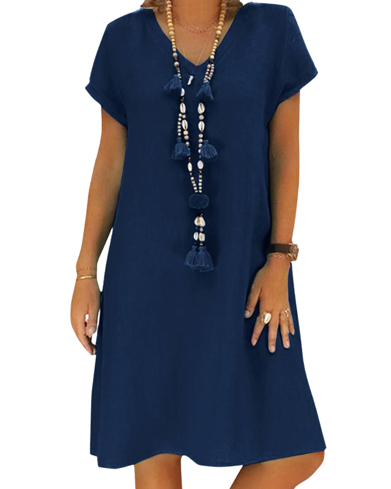 Salome Damenkleid – V-Ausschnitt Baumwolle Leinen, Kurzarm & A-Linien Midi-Schnitt mit Taschen Sommer