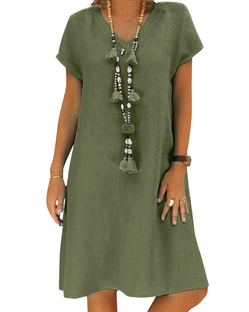Salome Damenkleid – V-Ausschnitt Baumwolle Leinen, Kurzarm & A-Linien Midi-Schnitt mit Taschen Sommer