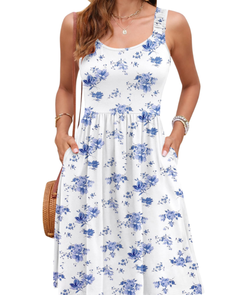Susana zomerjurk dames – mouwloze jurk met getailleerde taille, vierkante hals & A-lijn