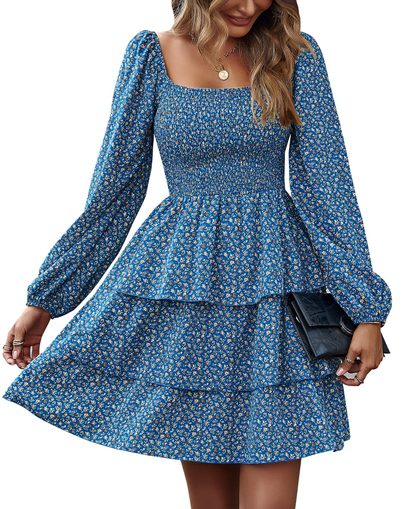 Vestido Léa para mujer – Vestido bohemio mini con cuello cuadrado, fruncido, talle alto, mangas largas y volantes