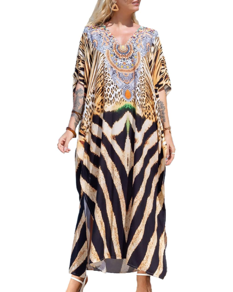 Rochie kaftan Amelie pentru femei – Kaftan lung boem cu decolteu în V, mâneci largi, cover-up pentru plajă, mărime unică