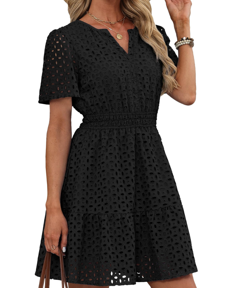 Bata Hedwig para Mujer – Escote en V con Encaje Bordado, Mangas Cortas y Corte Mini de Cintura Alta para Verano