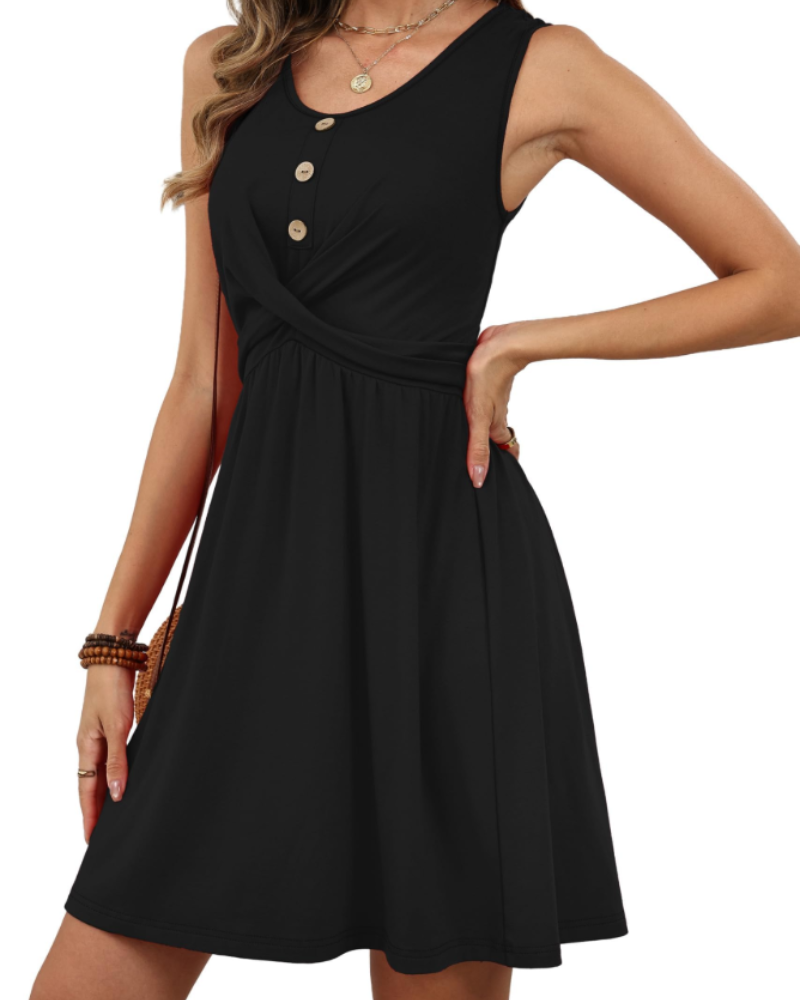 Cloie Women's Dress – Sleeveless Summer Dress with V-Neck, High Waist, Buttons, Chic Flowing Cut