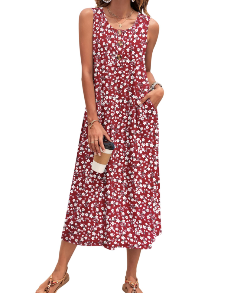 Vestido Julia Mulher – Vestido Maxi A-Line Sem Mangas Com Botões E Bolsos Verão Casual