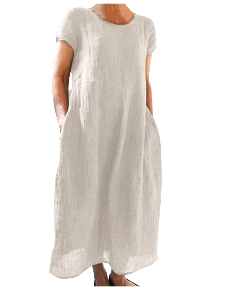 Reich zomerjurk dames – lange jurk van katoen-linnen, korte mouwen & casual stijl