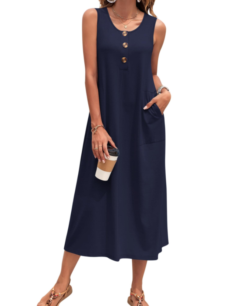Vestido Julia Mulher – Vestido Maxi A-Line Sem Mangas Com Botões E Bolsos Verão Casual