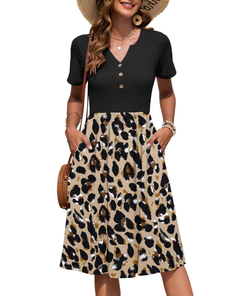 Vestito Donna Ester – Abito Estivo Midi con Scollo a V, Maniche Corte, Bottoni, Vita Impero, Tasche