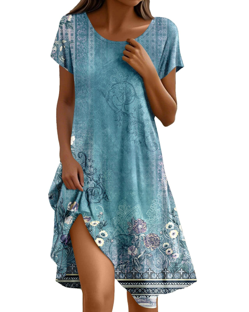 Sera Damekjole – Boheme Maxi Flydende Kjole med Rund Hals, Flæser, A-formet Snit, Elegant Sommer