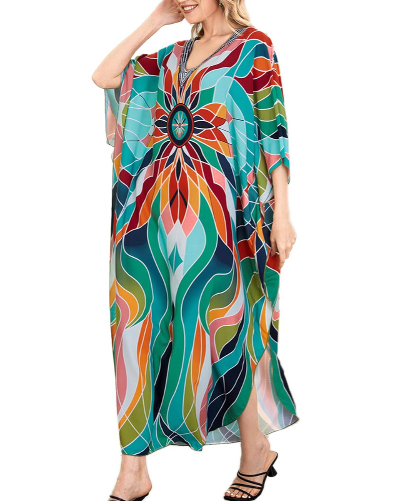 Rochie kaftan Amelie pentru femei – Kaftan lung boem cu decolteu în V, mâneci largi, cover-up pentru plajă, mărime unică