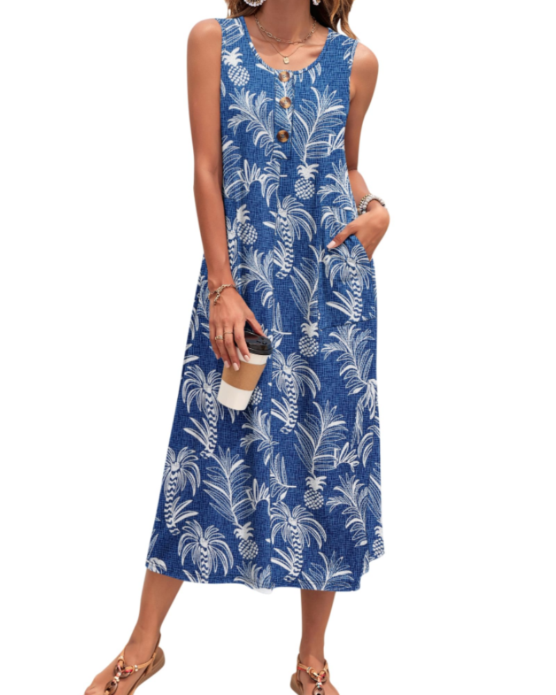 Vestido Julia Mulher – Vestido Maxi A-Line Sem Mangas Com Botões E Bolsos Verão Casual