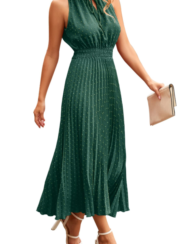 Vina Damenkleid – Midikleid V-Ausschnitt mit Swiss Dot, Volants, Ärmellos und Hoher Taille, Sommer